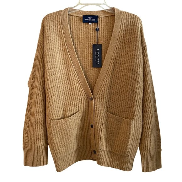 Lucchese 100% Cashmere Fisherman Rib Cardigan size M Camel Tan NWT - Picture 1 of 9